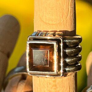 Silpada 925 Sterling Silver Faceted Smoky Quartz Wide Ribbed Band - Size 6
